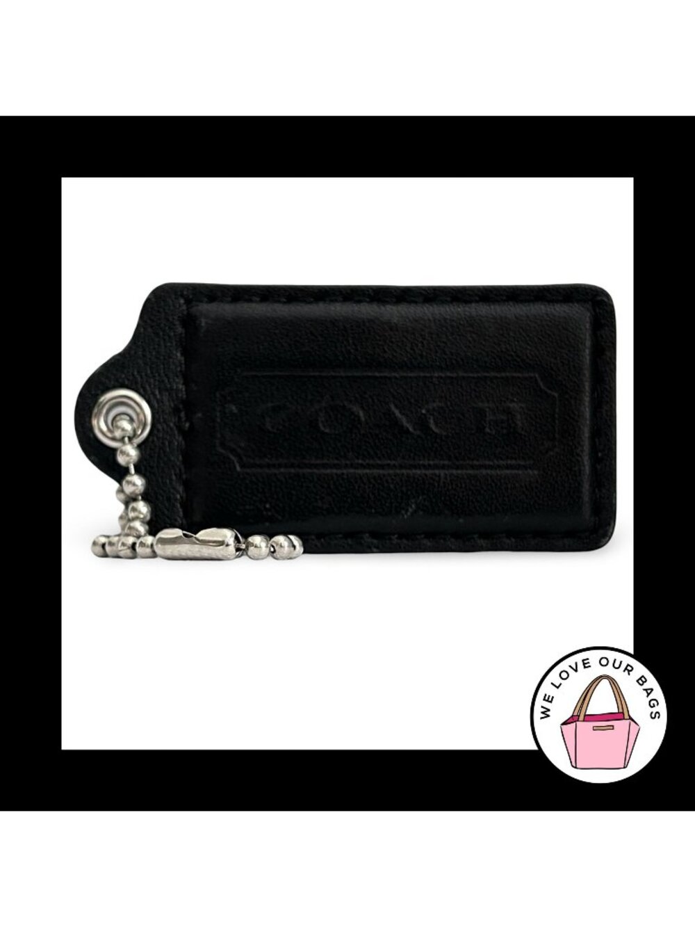 XL COACH HANGTAG 3" Black Smooth Leather Bag Charm Keychain Fob Nickel X-Large
